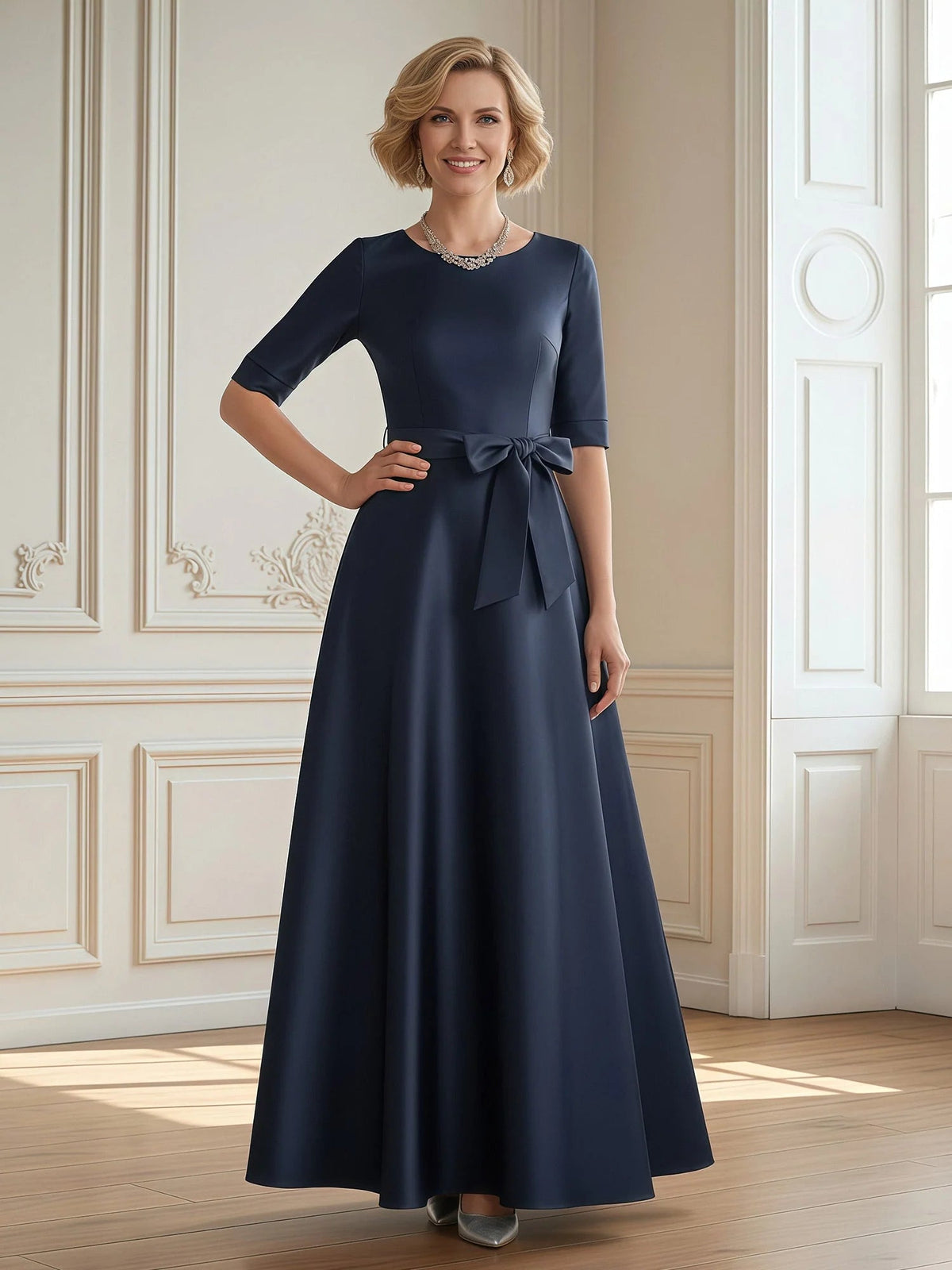 Dark navy satin A-line maxi dress with bow tie waist, 3/4 sleeves