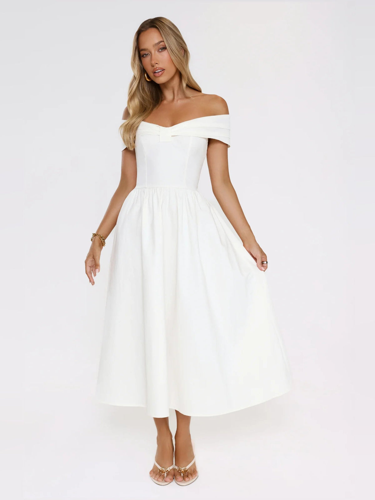 White off-shoulder midi formal dress with fitted bodice and gathered skirt