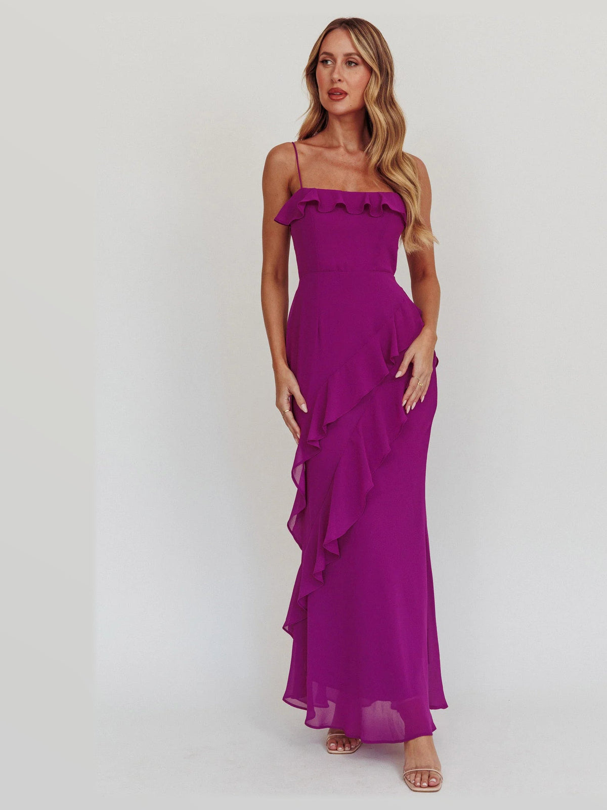 Plum formal dress with a-line silhouette and maxi length