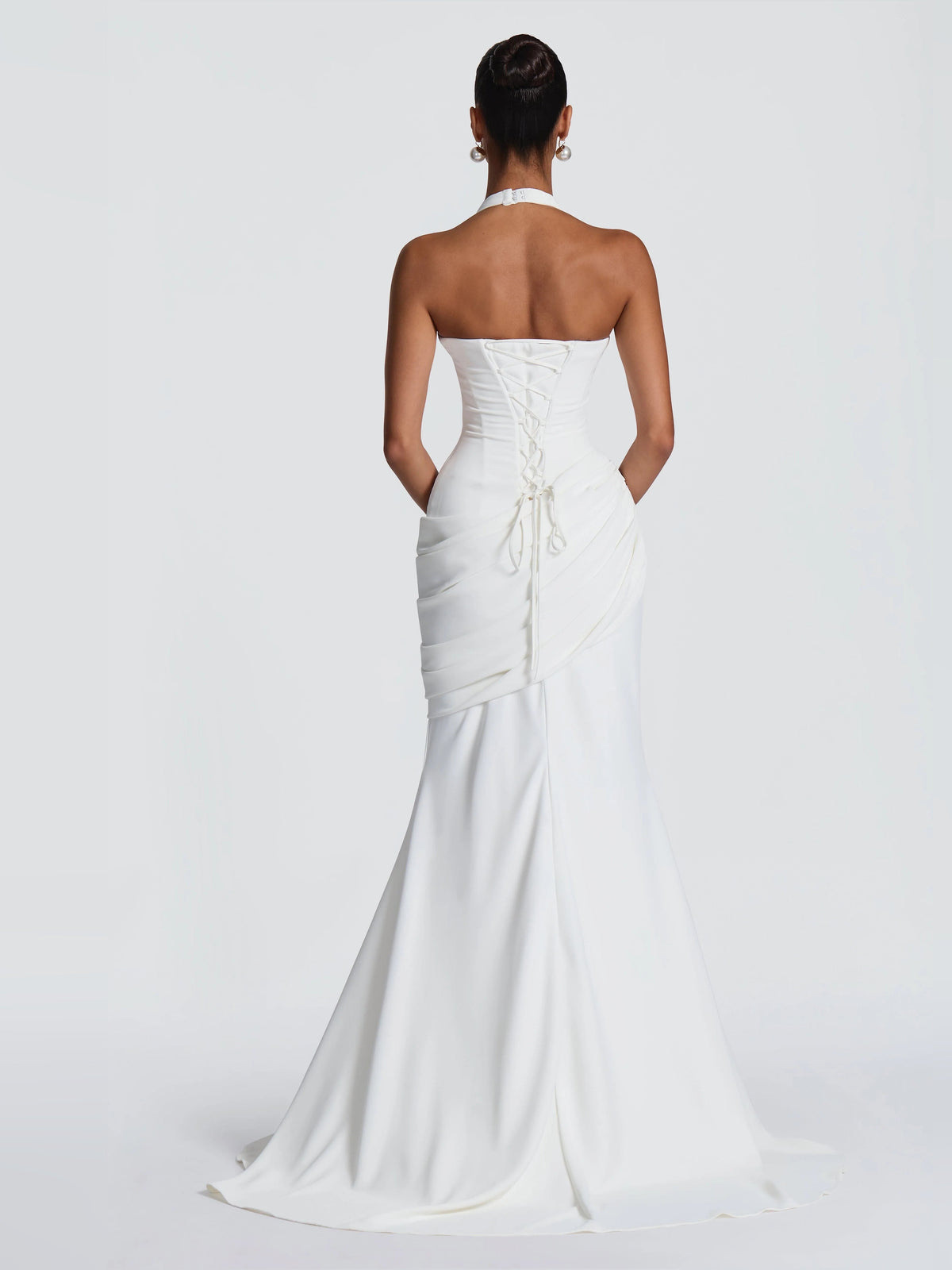 Ivory pleated draped mermaid wedding dress, V-back with ruched waist and train