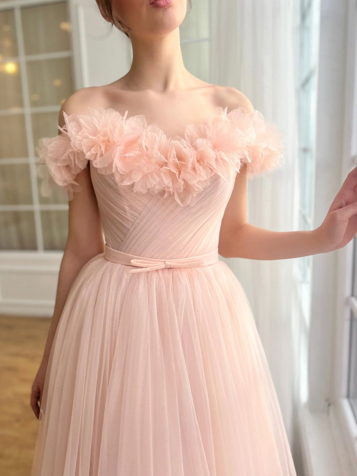 Peach off-shoulder ruffled midi prom dress, pleated bodice and tulle skirt