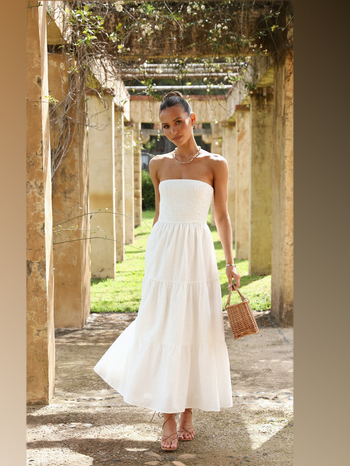White midi formal dress, front full-length view showing the neckline