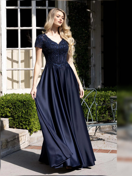 Navy blue V-neck A-line mother-of-the-bride dress with short sleeves and side slit