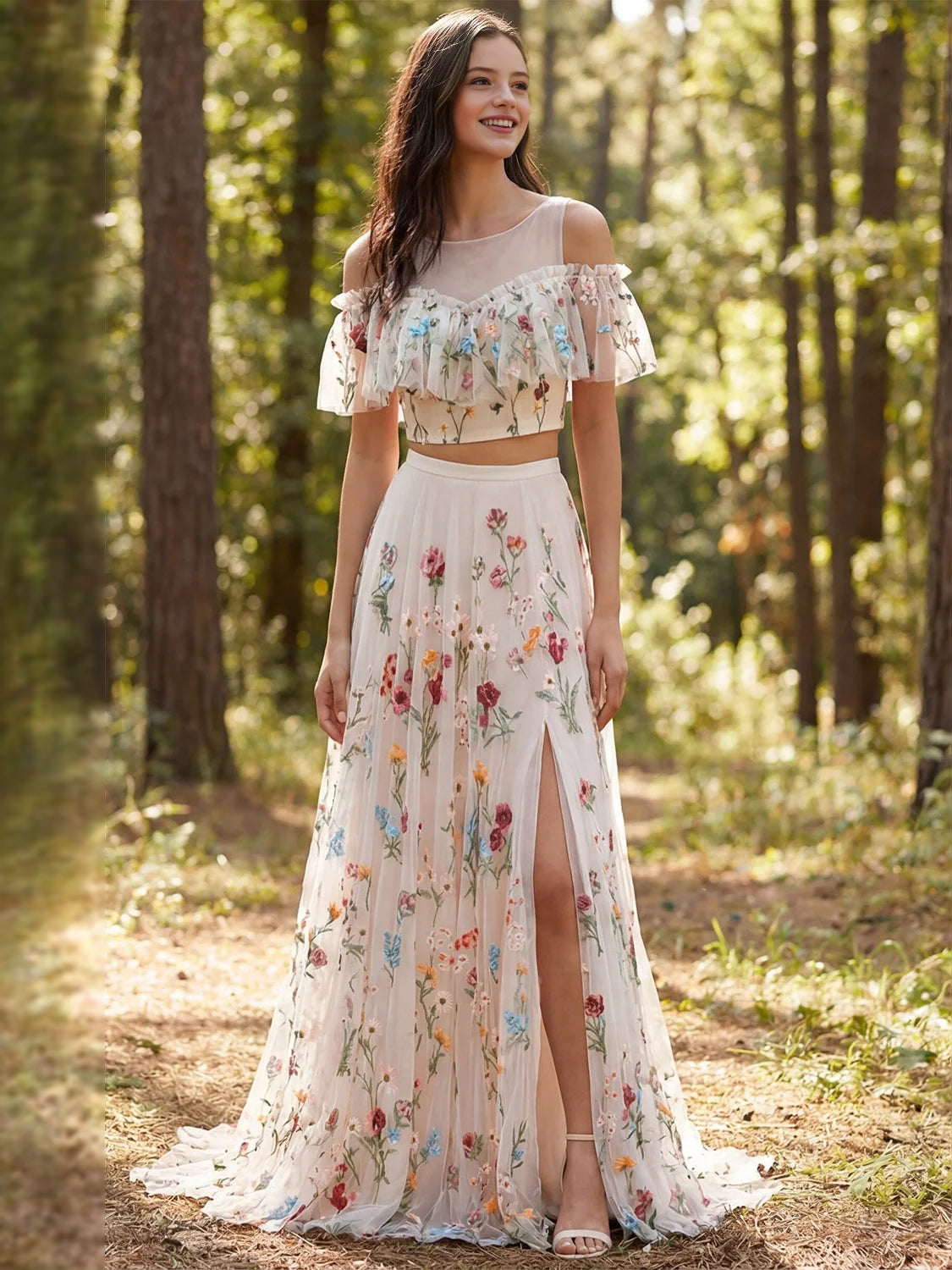 Ivory off-shoulder floral maxi dress with ruffled bodice and front slit A-line tulle skirt