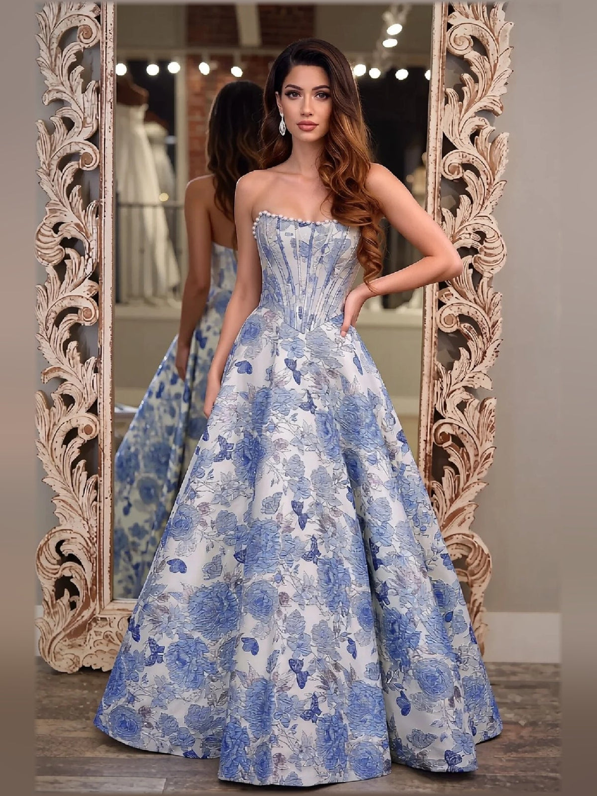 Blue sweetheart corset maxi formal dress with allover floral jacquard skirt