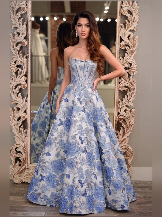 Blue sweetheart corset maxi formal dress with allover floral jacquard skirt