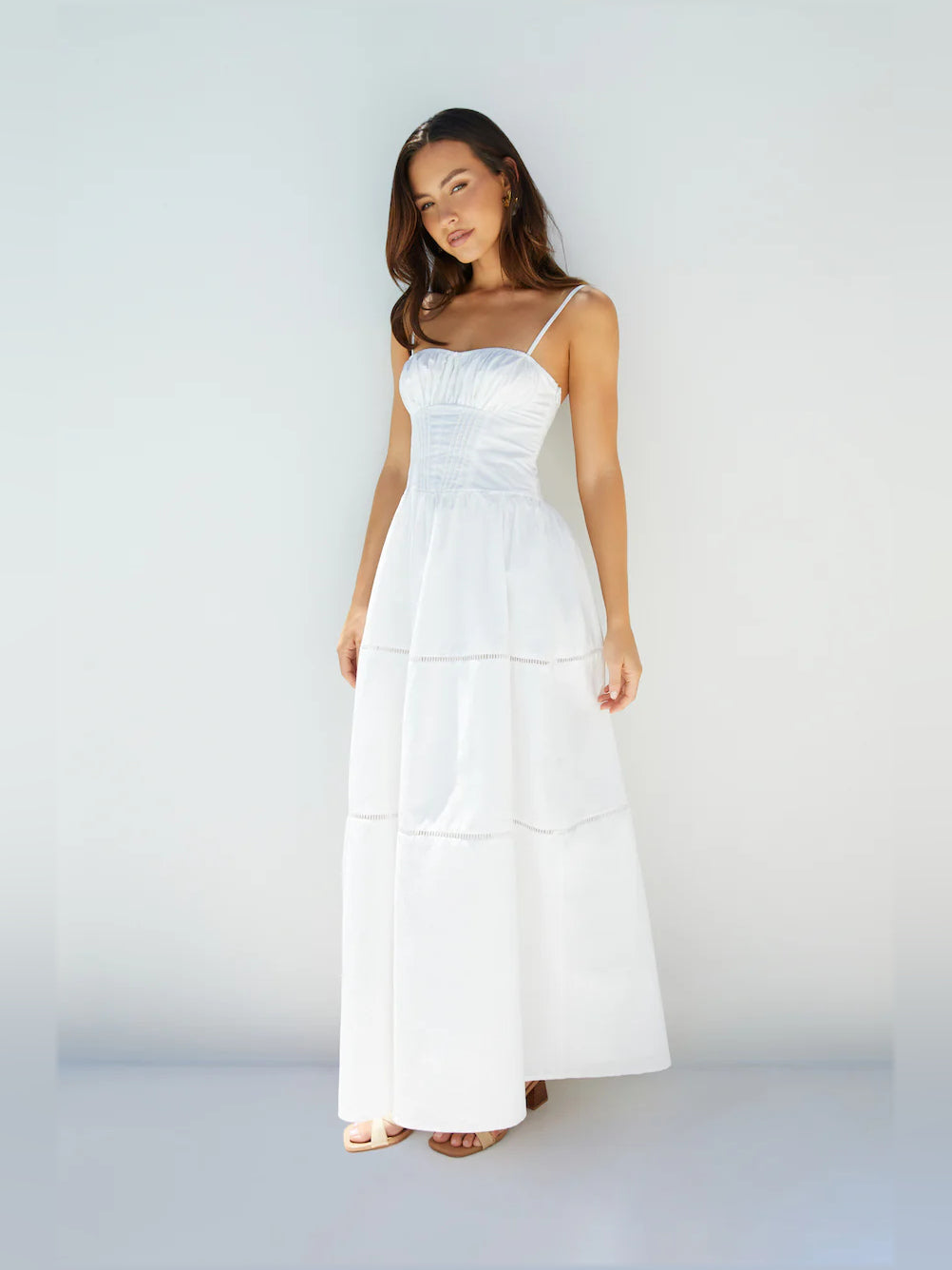 White a-line maxi formal dress with sweetheart neckline, full-length front view