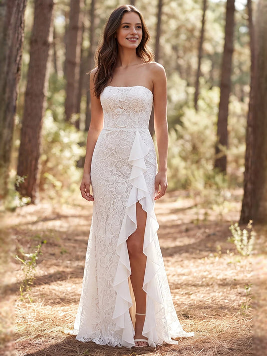 Ivory strapless lace mermaid wedding dress with ruffled chiffon overlay and slit