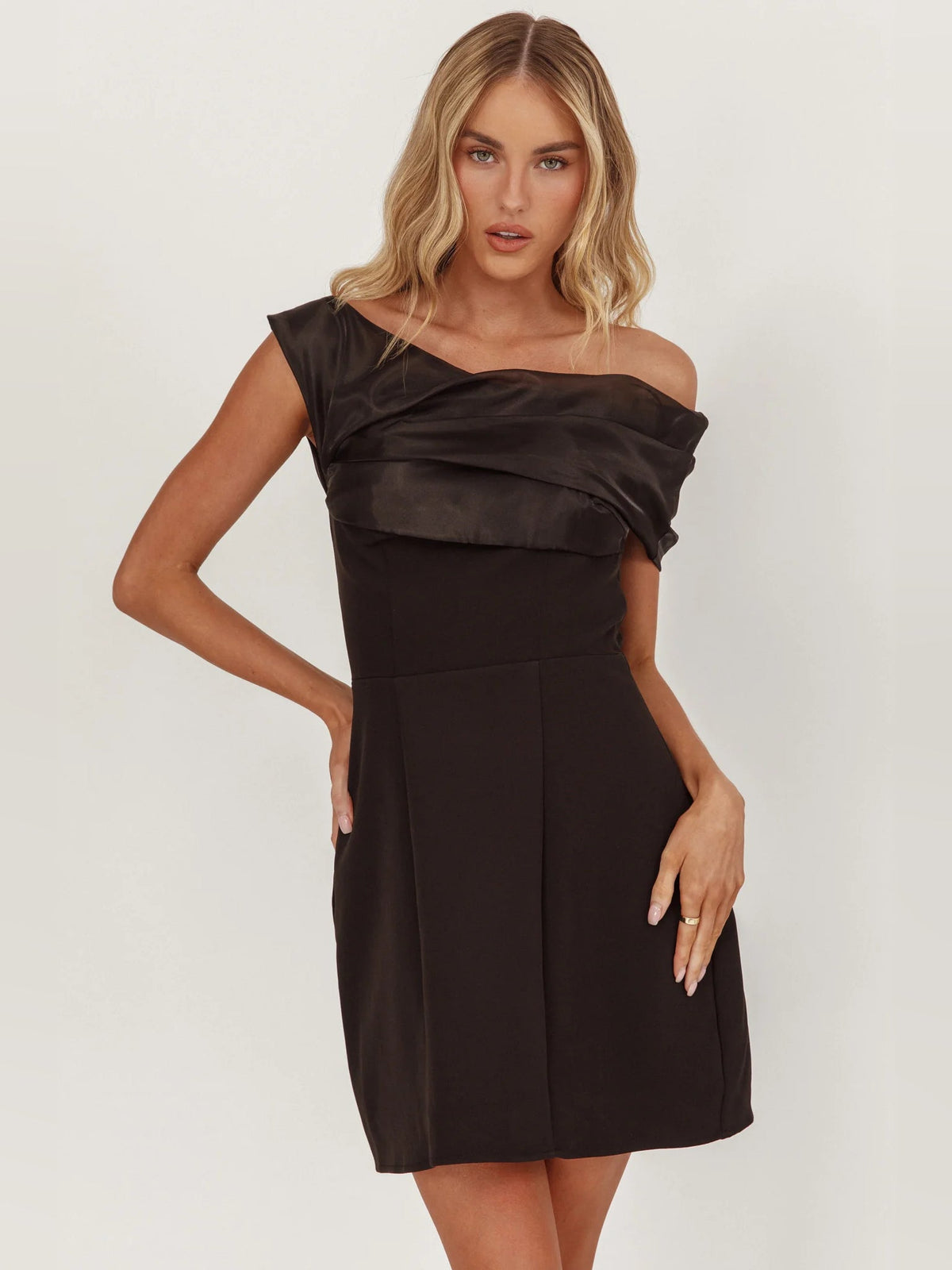 Black off-shoulder A-line mini dress with layered neckline drape