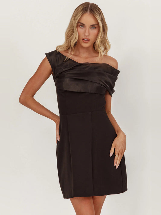 Black off-shoulder A-line mini dress with layered neckline drape