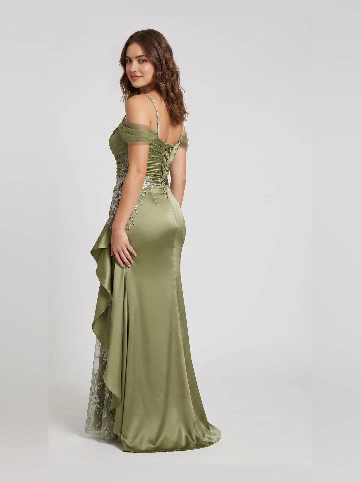 Olive satin sweetheart mermaid prom dress with ruched drape and floral lace slit overlay