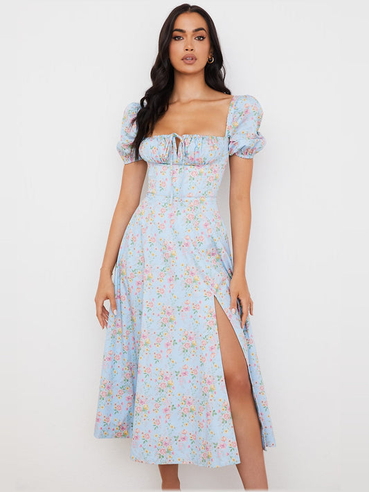 Floral midi formal dress with floral print, full-length front view
