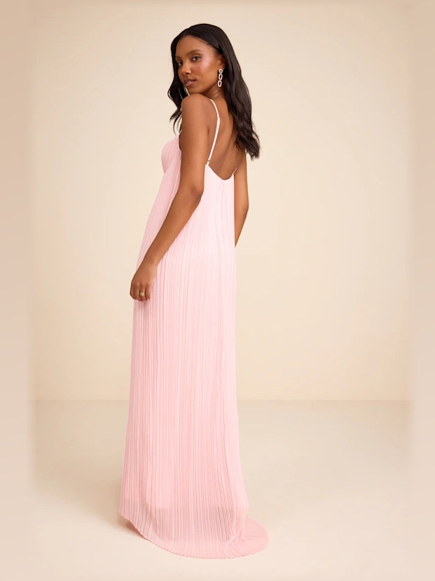 Light Pink formal dress with a-line silhouette and maxi length