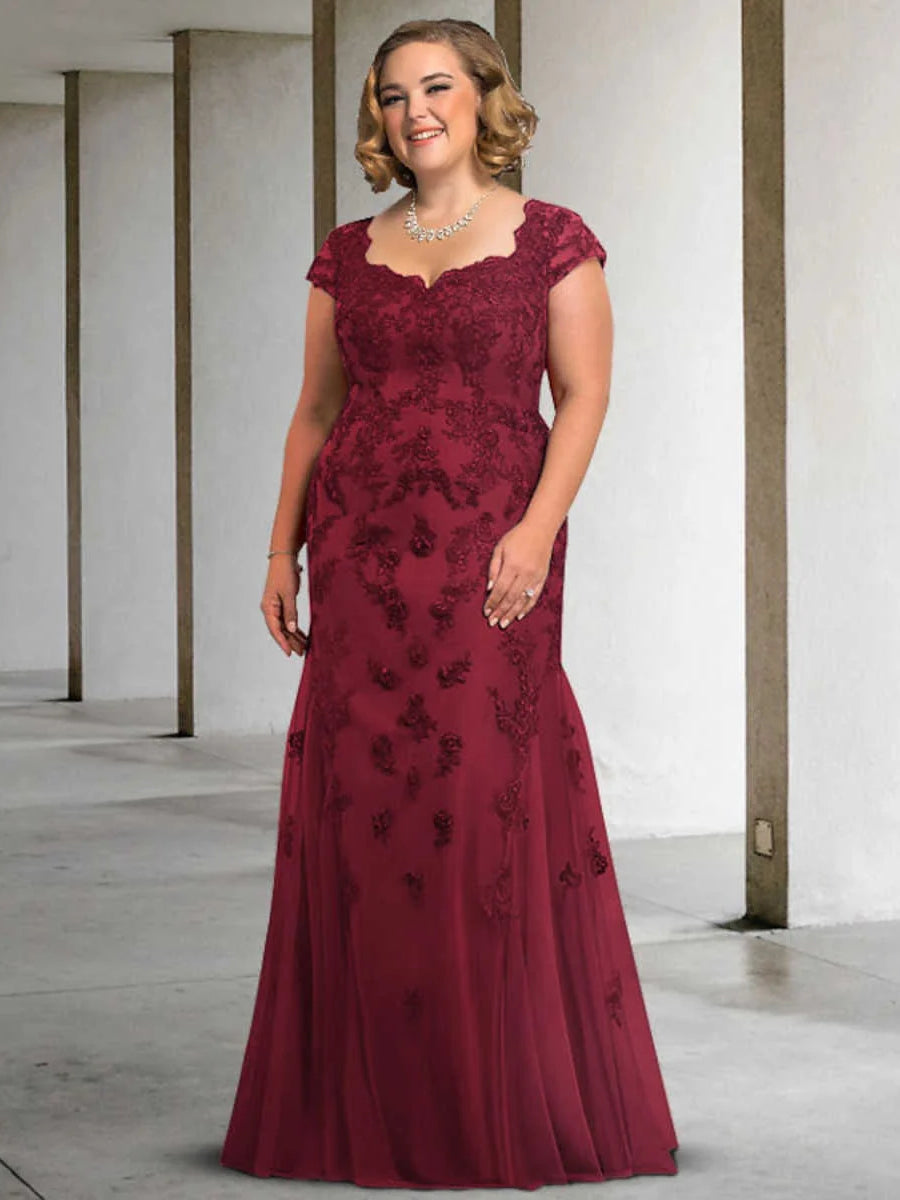 Burgundy floral A-line V-neck floor-length dress with cap sleeves