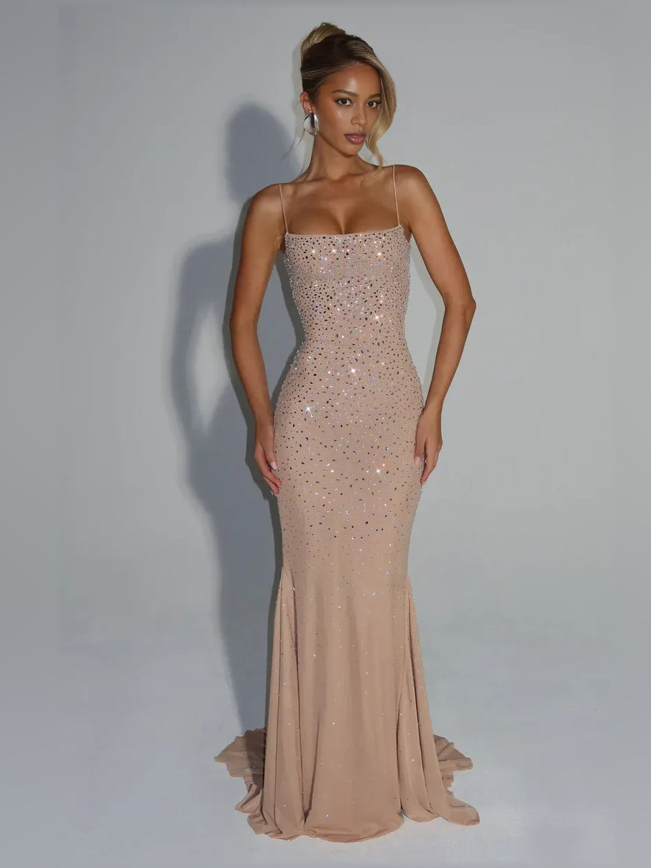 Pearl pink sequin mermaid formal dress with spaghetti straps and straight neckline