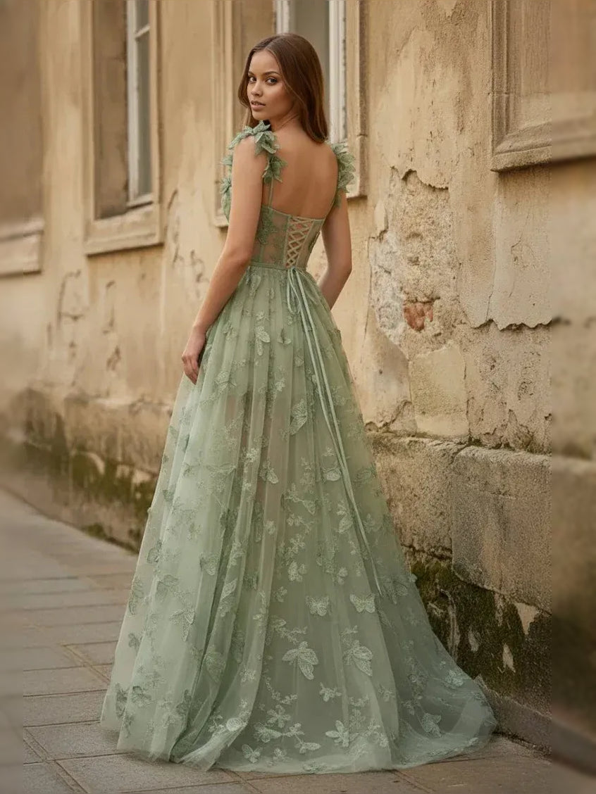 Sage green off-shoulder A-line tulle prom dress with floral applique back