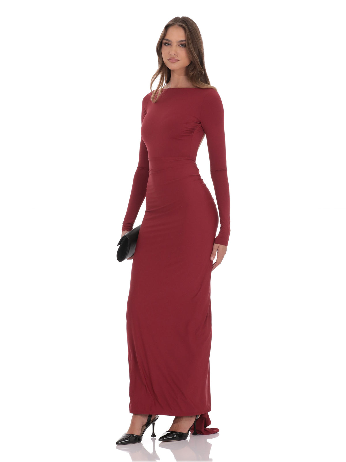 Maroon bridesmaid dress with bodycon silhouette and maxi length