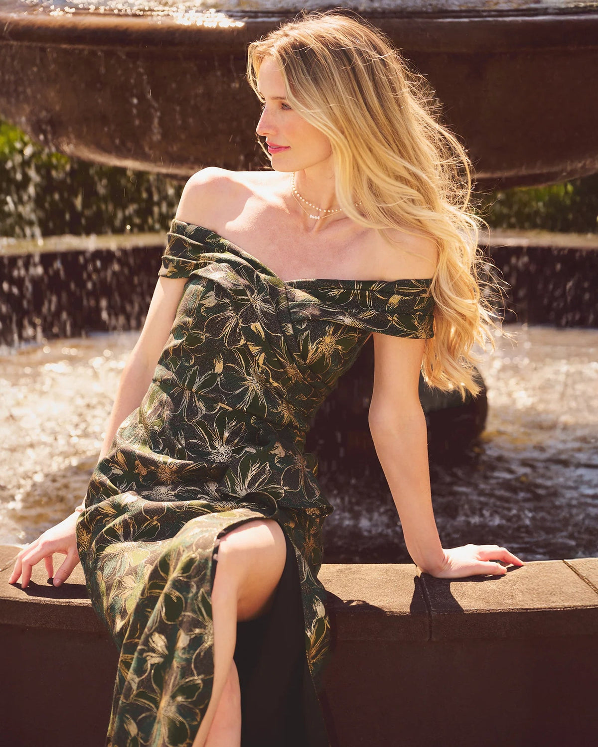 Off-shoulder A-line maxi dress in dark olive with gold floral print, asymmetrical neckline