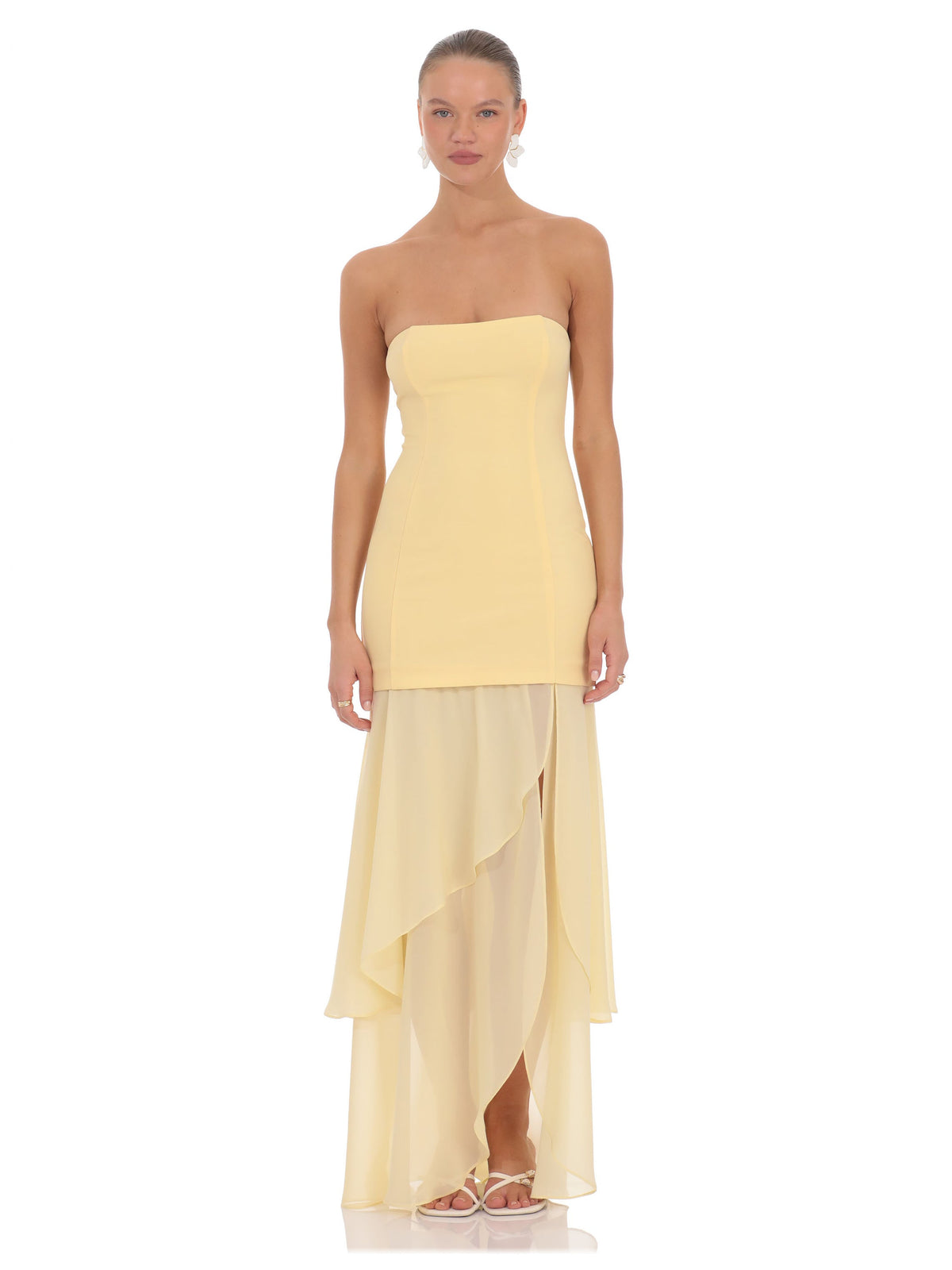 Yellow bridesmaid dress with a-line silhouette and maxi length