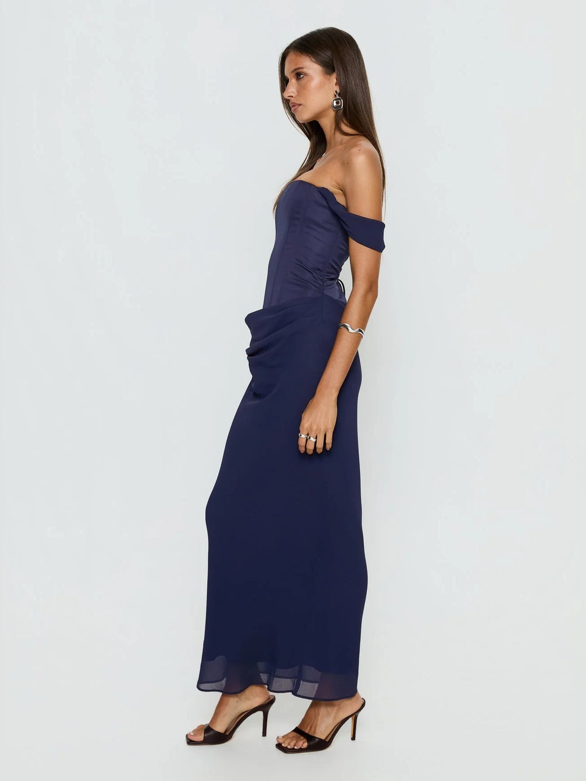 Navy formal dress with a-line silhouette and maxi length