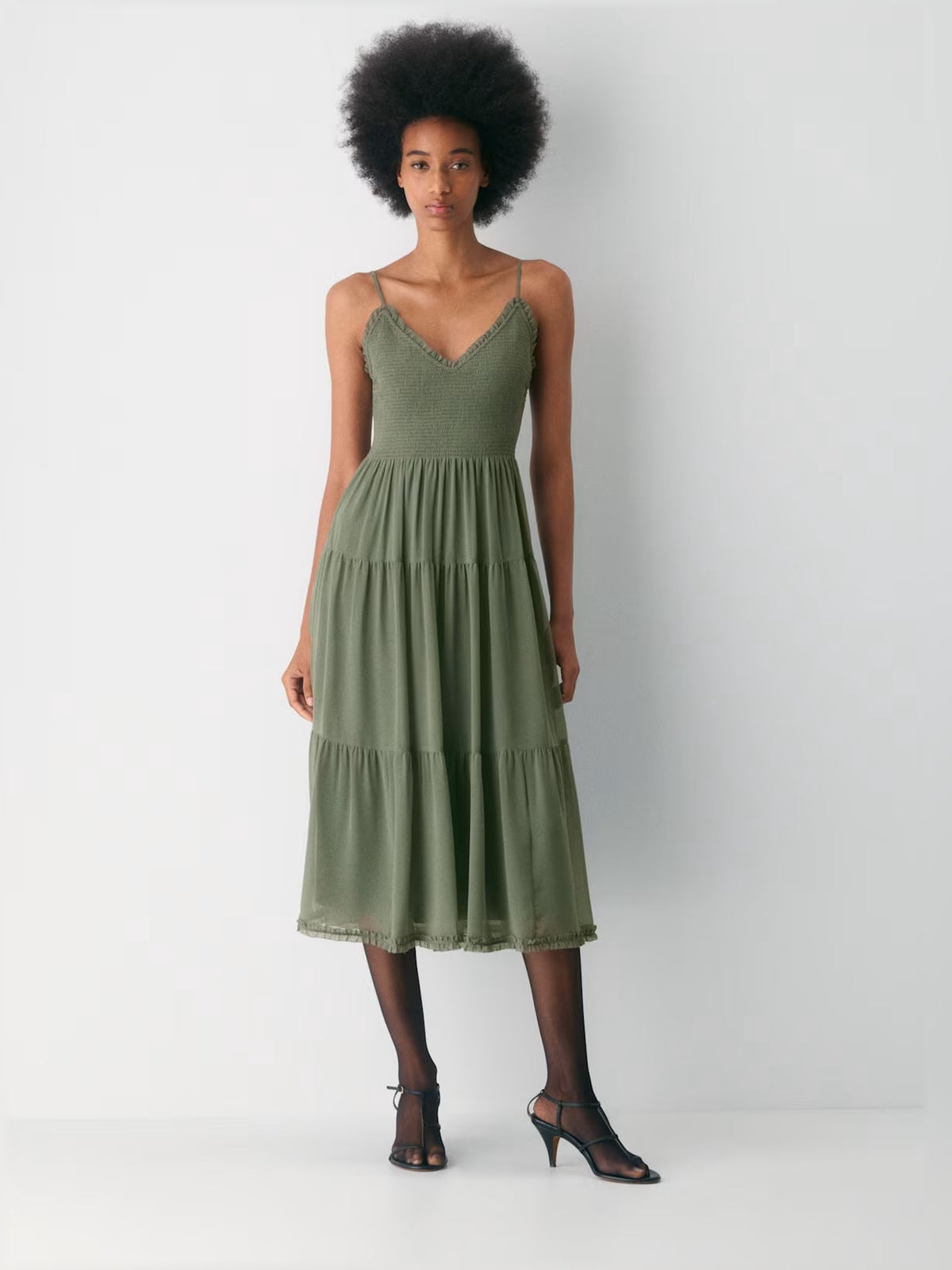 Gold midi formal dress with V-neckline, full-length front view