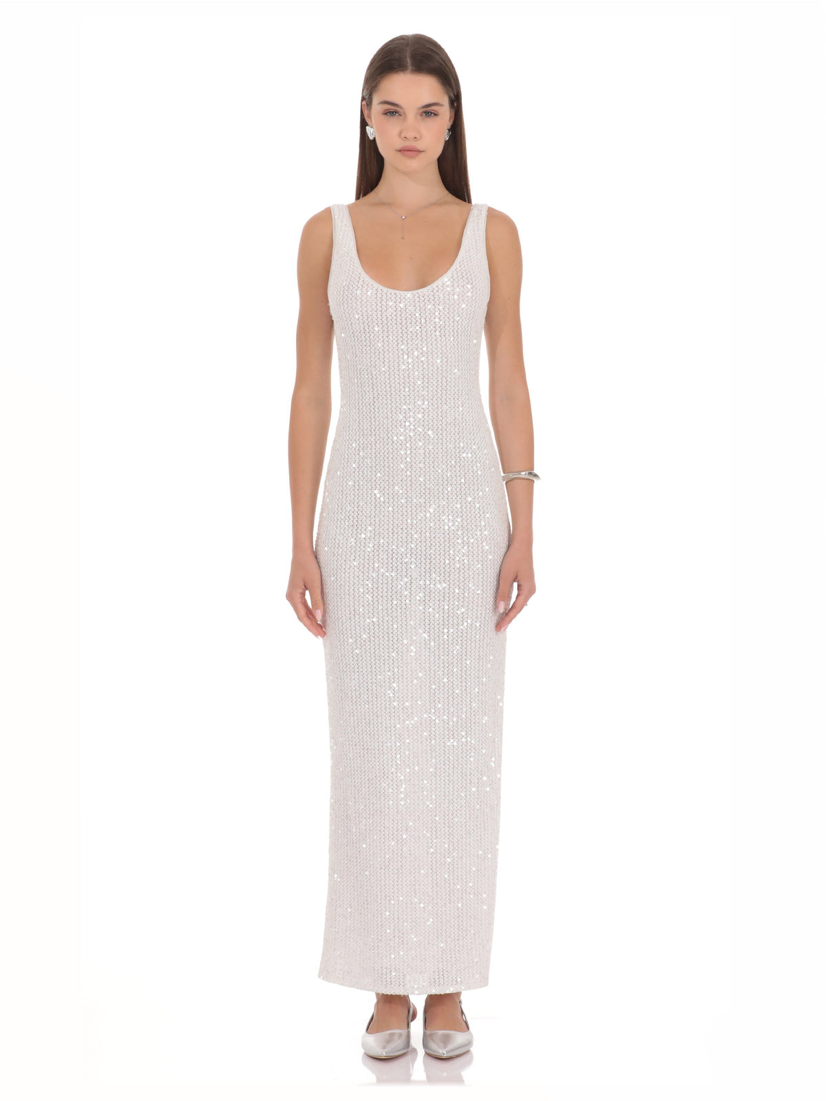 White bridesmaid dress with a-line silhouette and maxi length