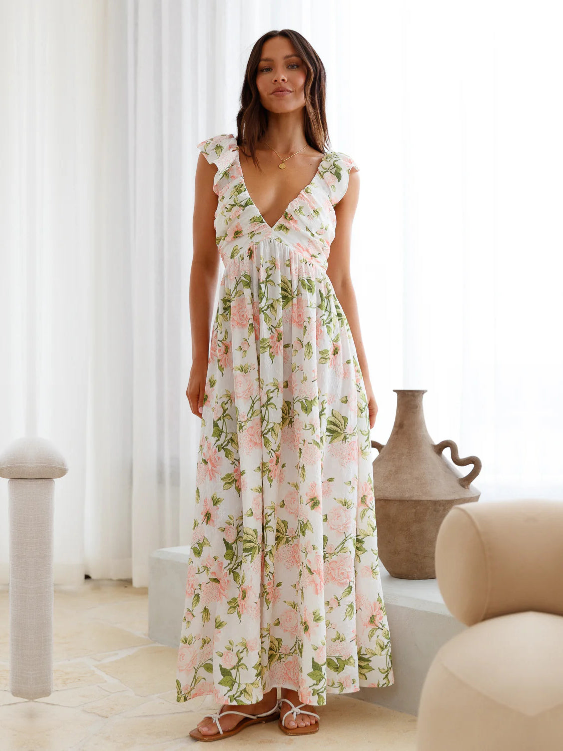 White a-line maxi formal dress with V-neckline, full-length front view