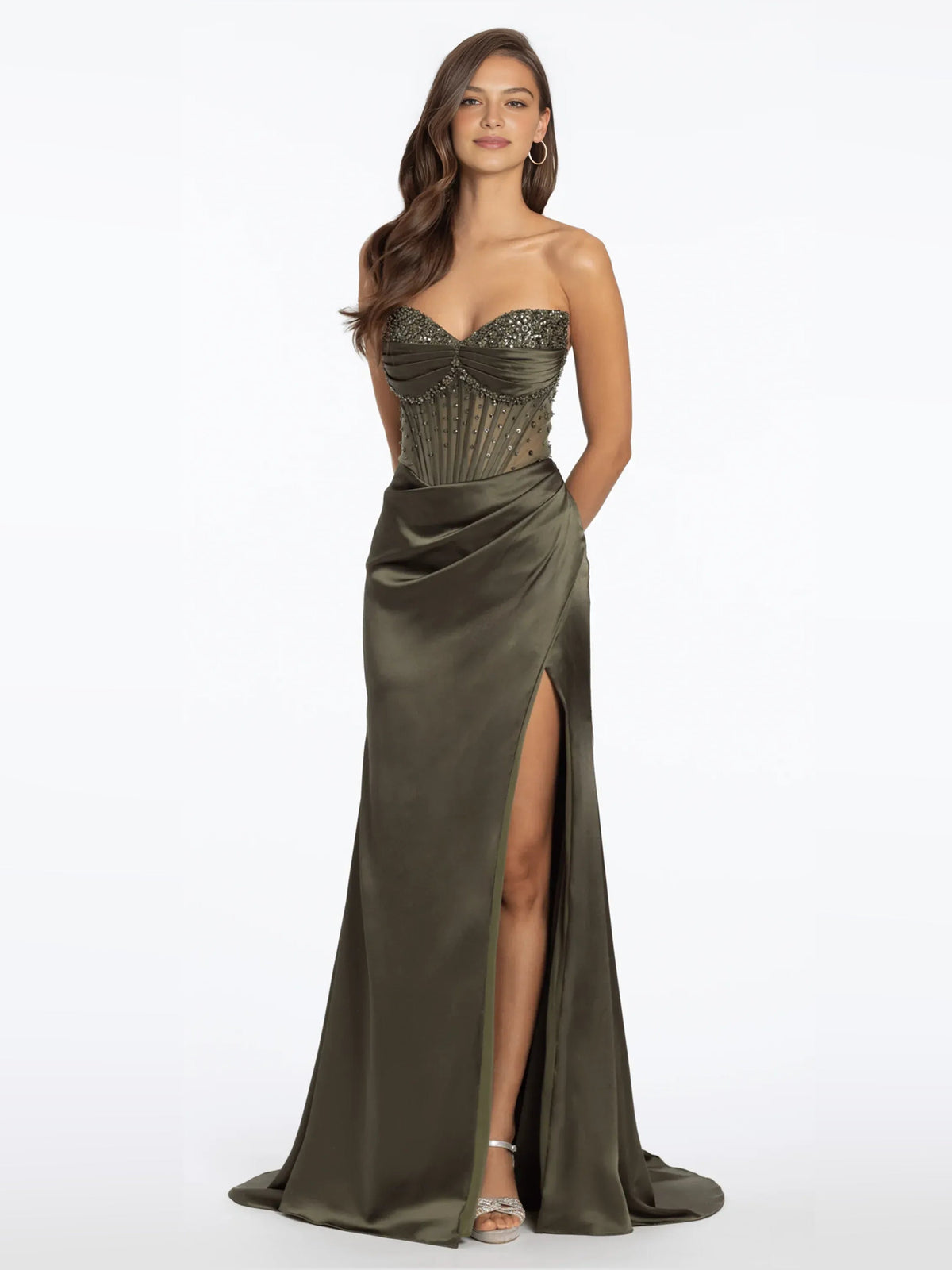 Olive green strapless mermaid formal dress with sweetheart corset and front slit