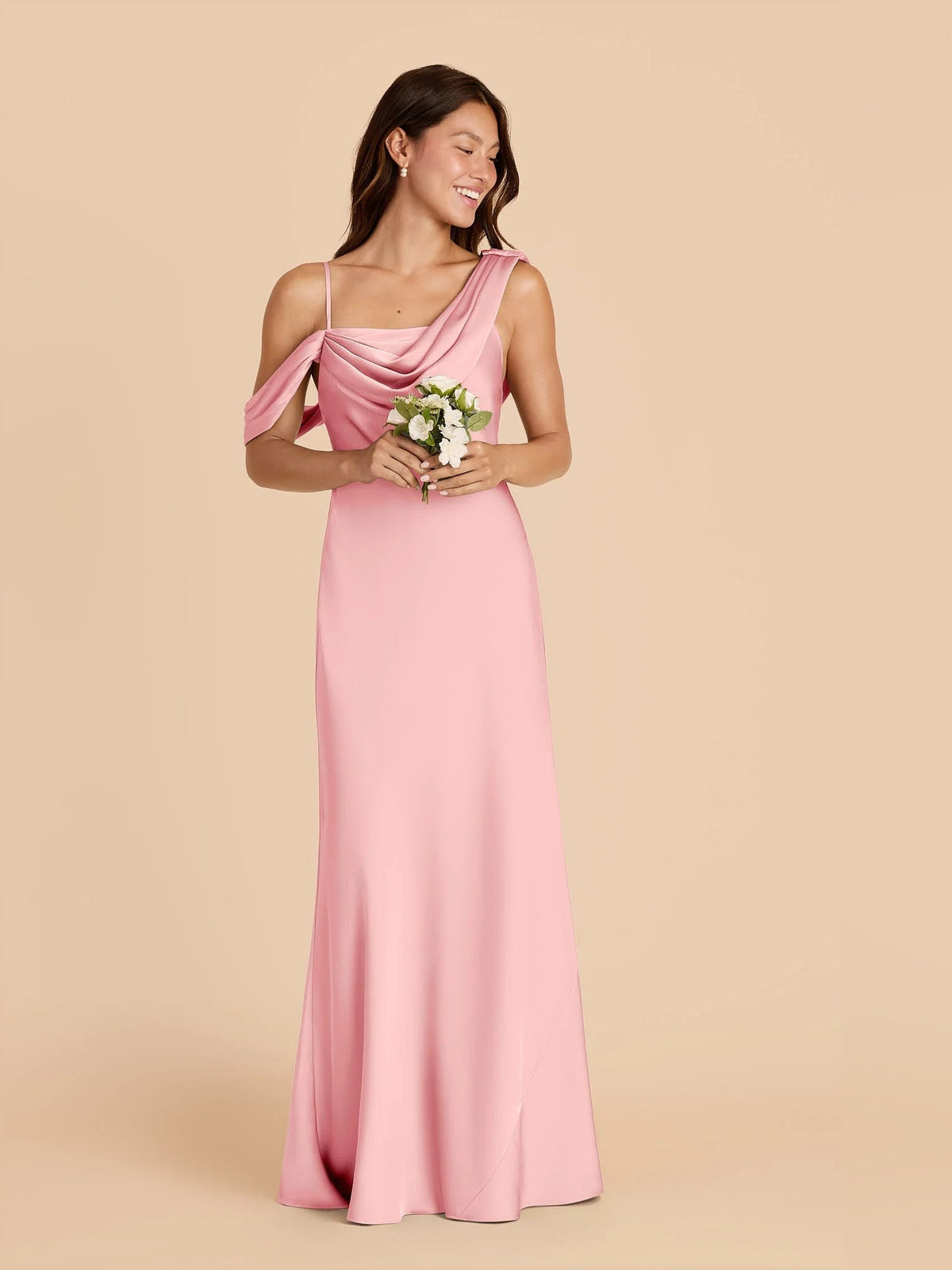 One-shoulder satin formal dress in pink, draped neckline and A-line floor length