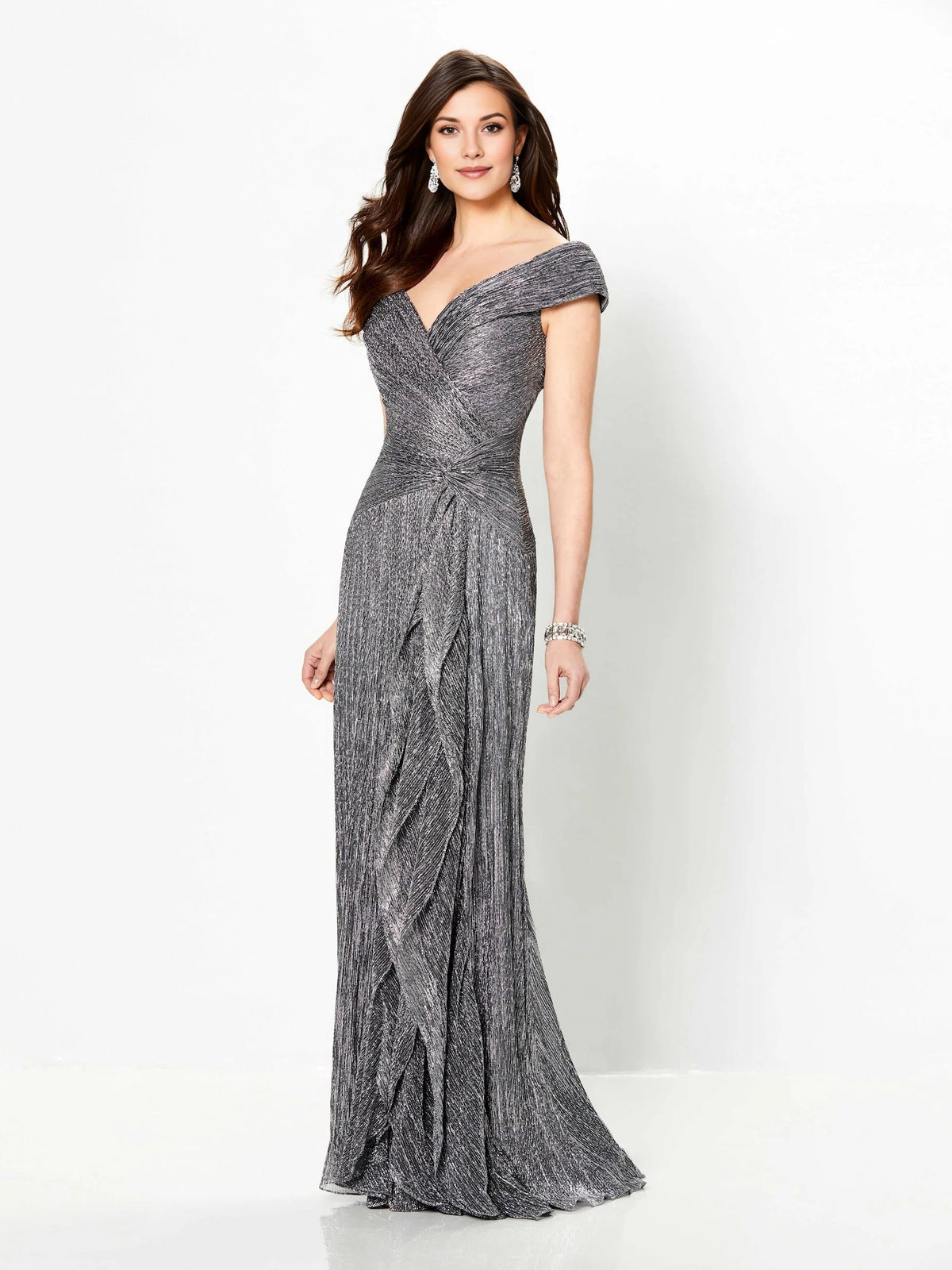 Charcoal metallic off-shoulder formal gown with twisted waist detail, floor length