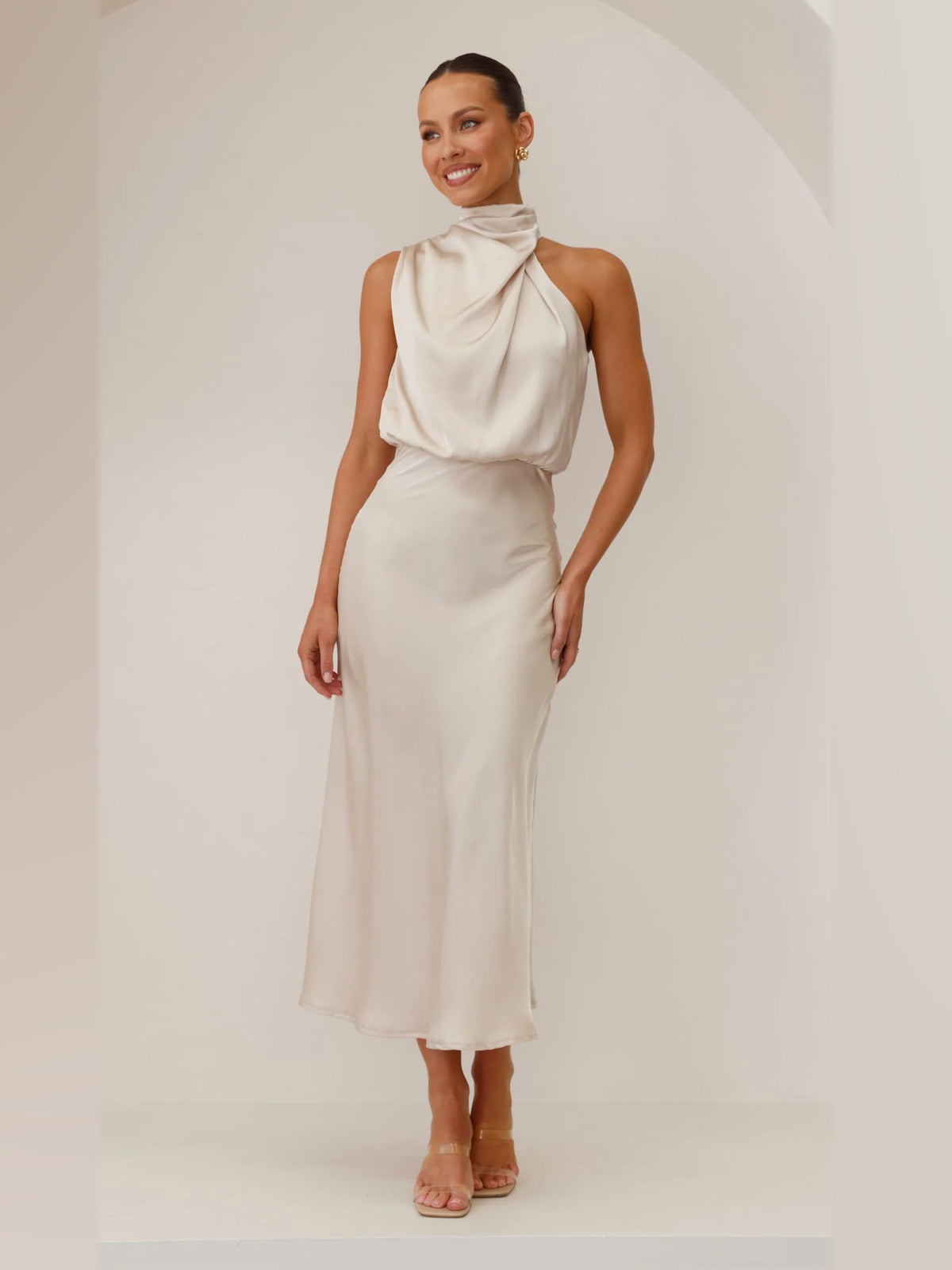 Champagne midi formal dress, front full-length view showing the neckline