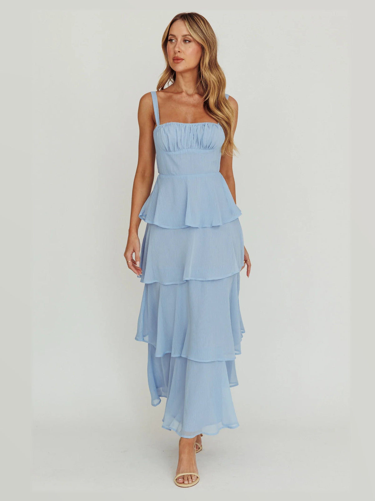 Sky Blue maxi formal dress, front full-length view showing the neckline