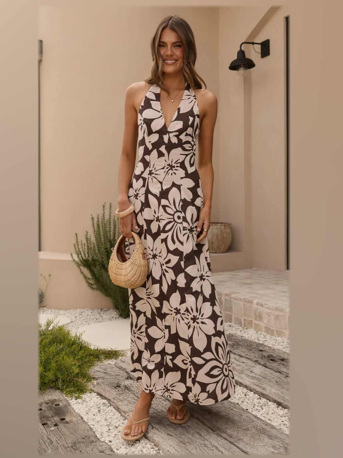 Chocolate Floral maxi formal dress, front full-length view showing the neckline