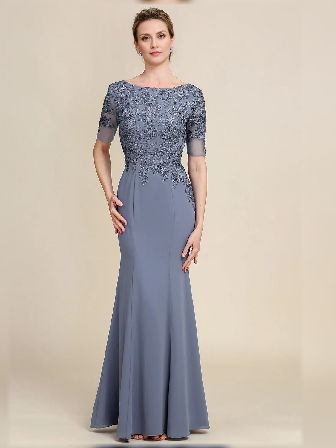 Dusty blue lace-embroidered maxi sheath dress with cap sleeves and ruched waist
