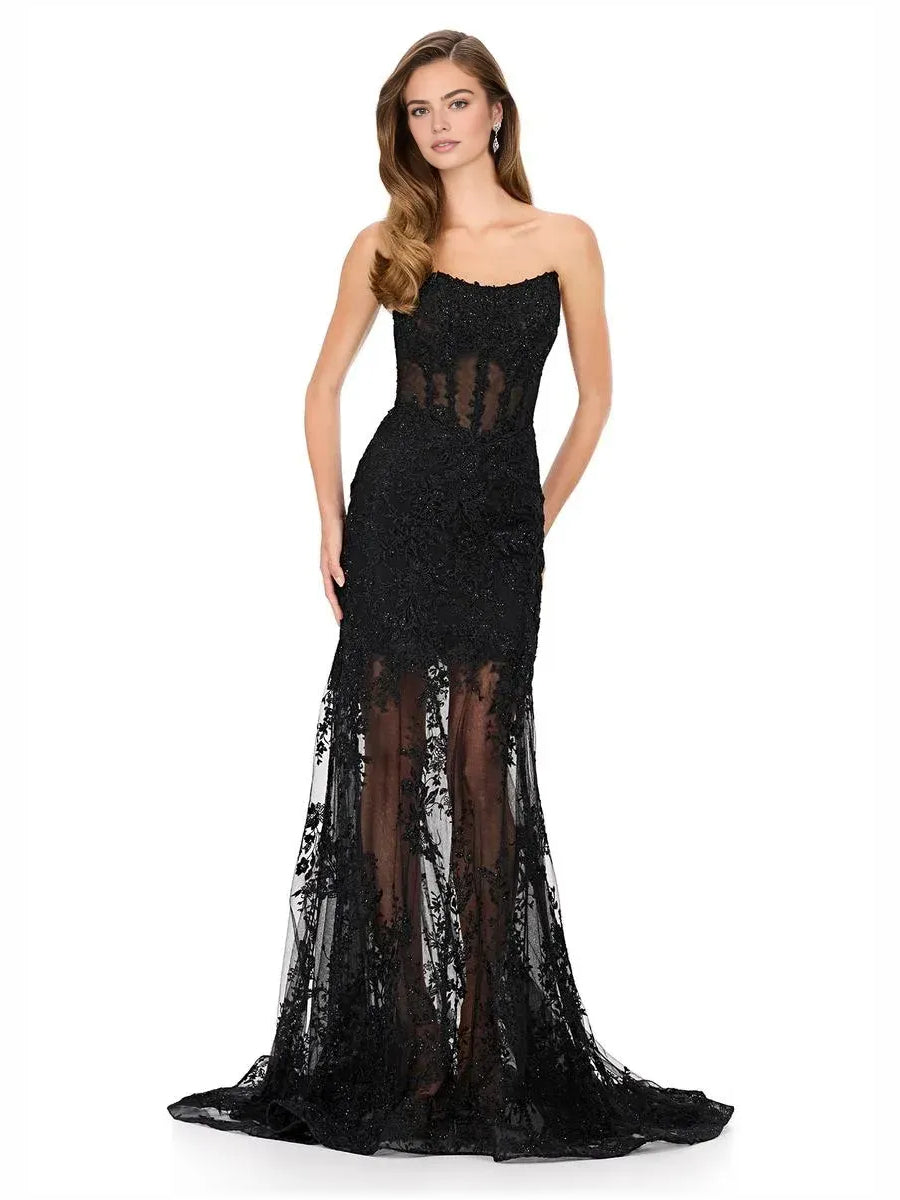 Black strapless tulle appliqué corset mermaid formal dress