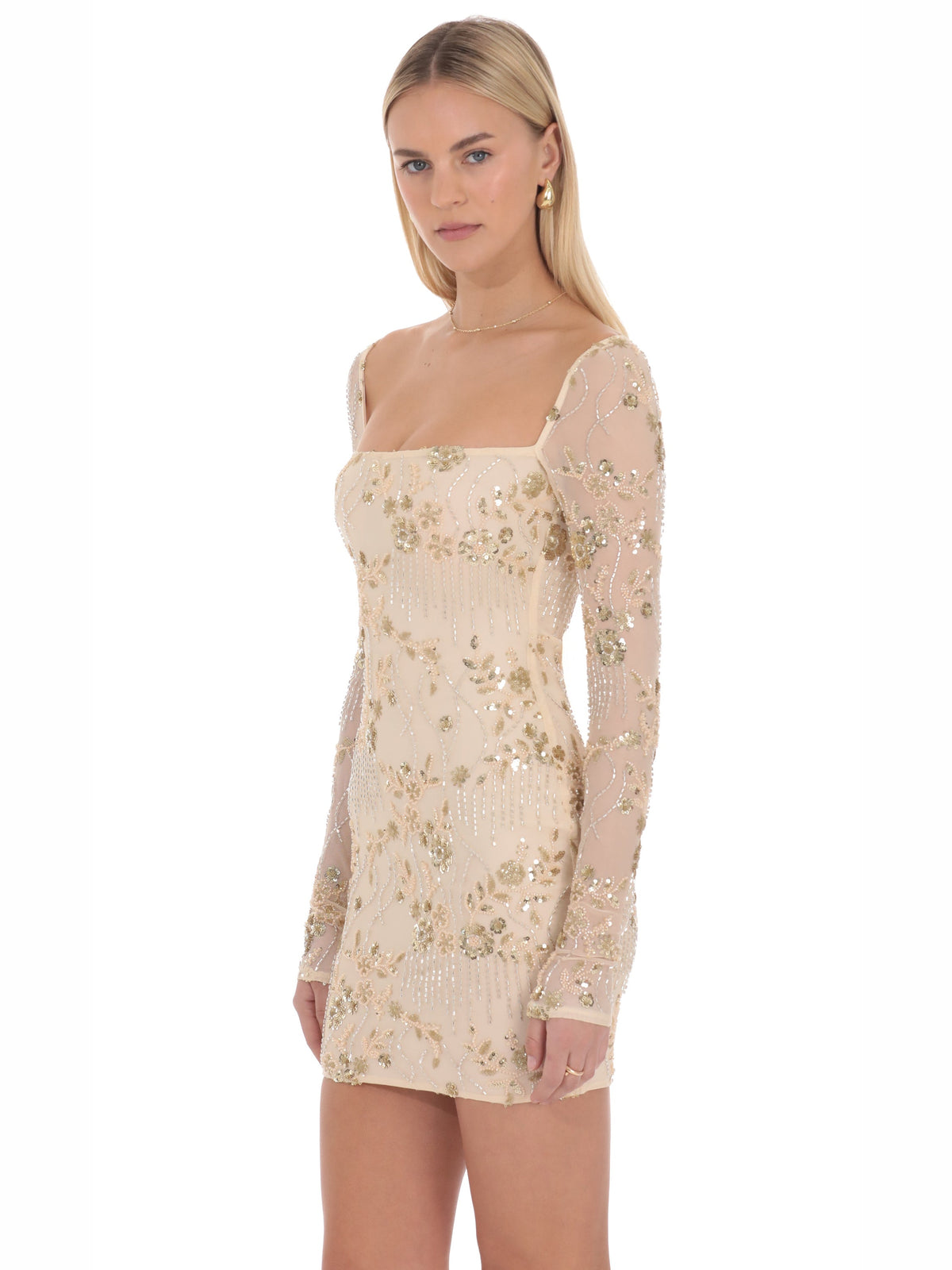 Champagne homecoming dress with a-line silhouette and mini length