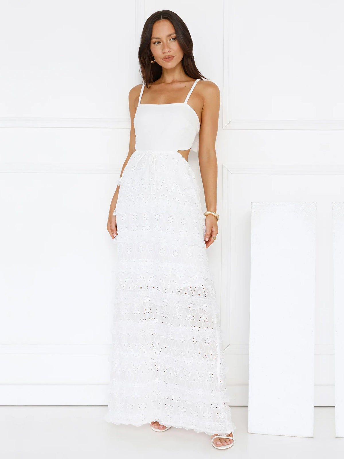 White a-line maxi formal dress with square neckline, full-length front view