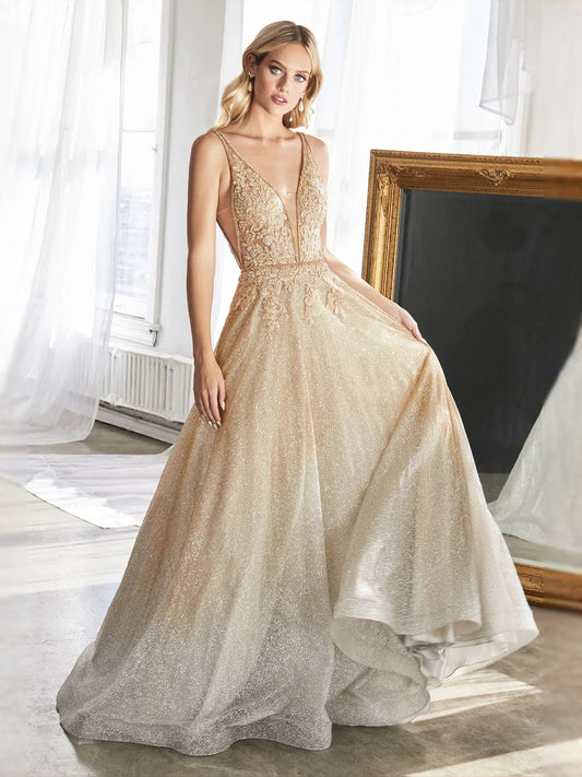 Champagne V-neck A-line prom dress with draped layered skirt and beaded bodice