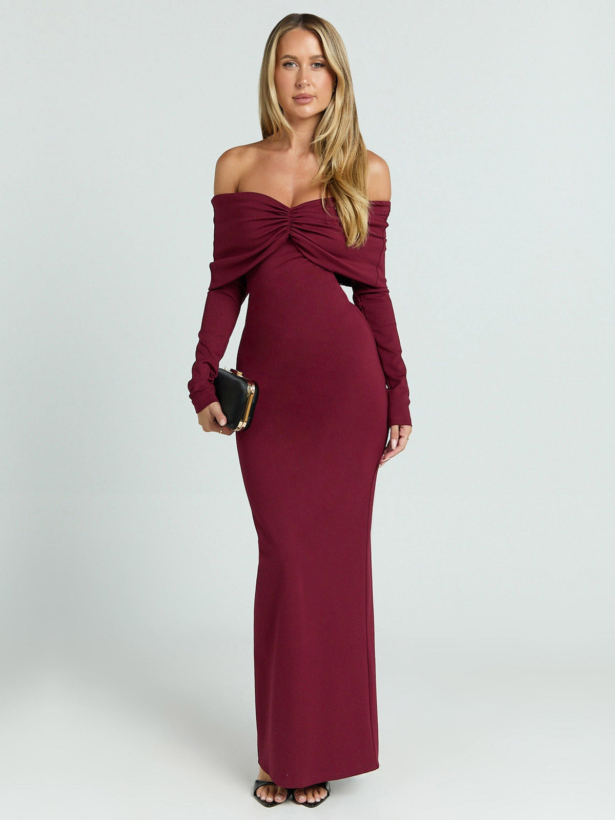 Wine bodycon maxi formal dress with off-the-shoulder neckline, full-length front view