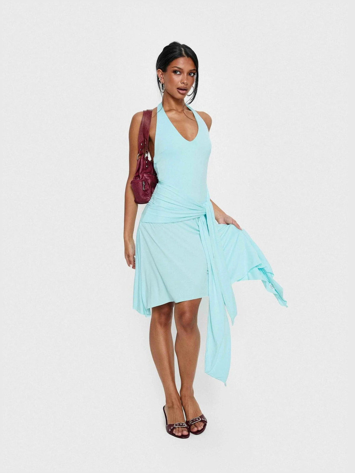 Turquoise halter jersey midi formal dress with asymmetrical draped skirt and tie detail