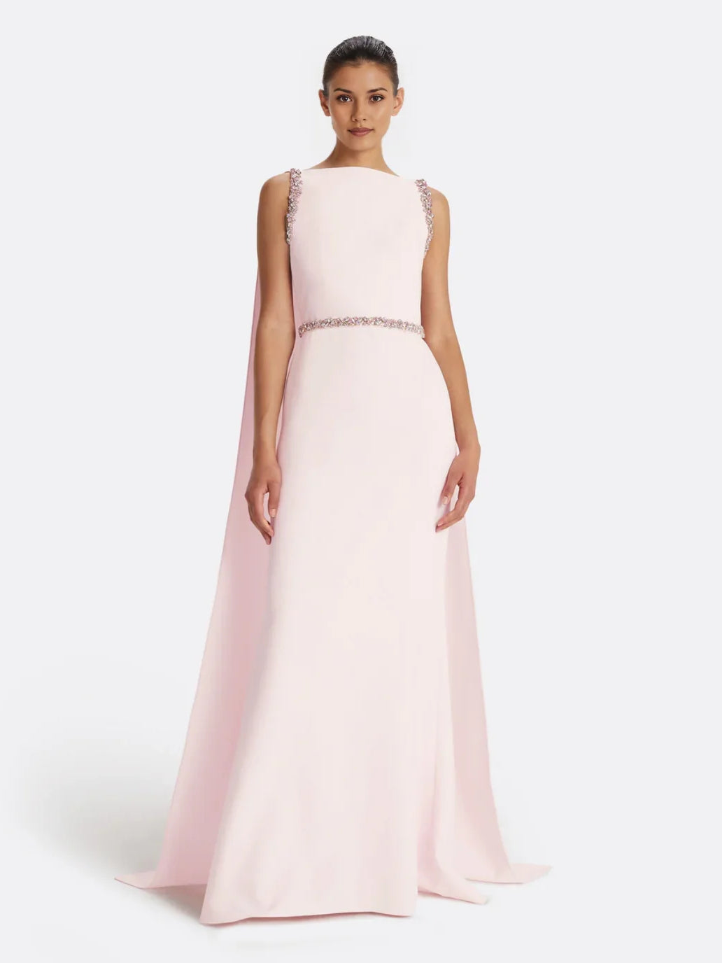 Blush pink mermaid formal dress, sleeveless with beaded waist and floor-length skirt