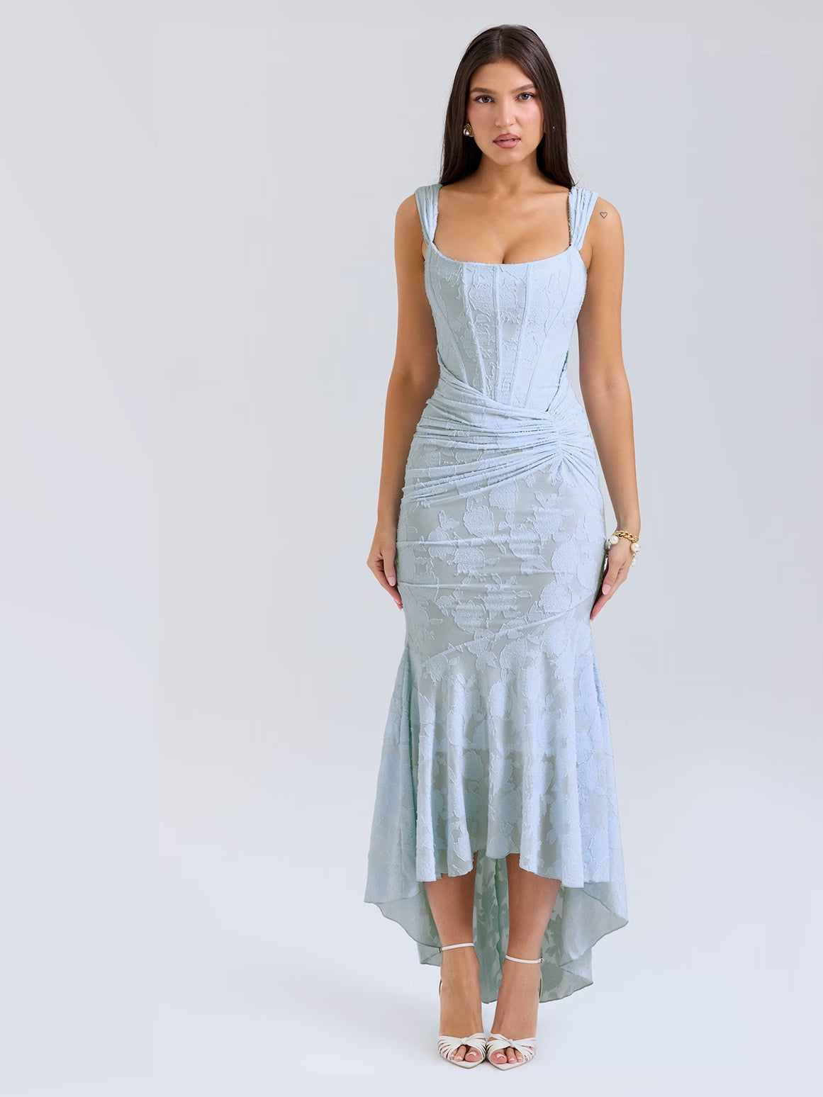 Light Blue Floral Print maxi formal dress, front full-length view showing the neckline