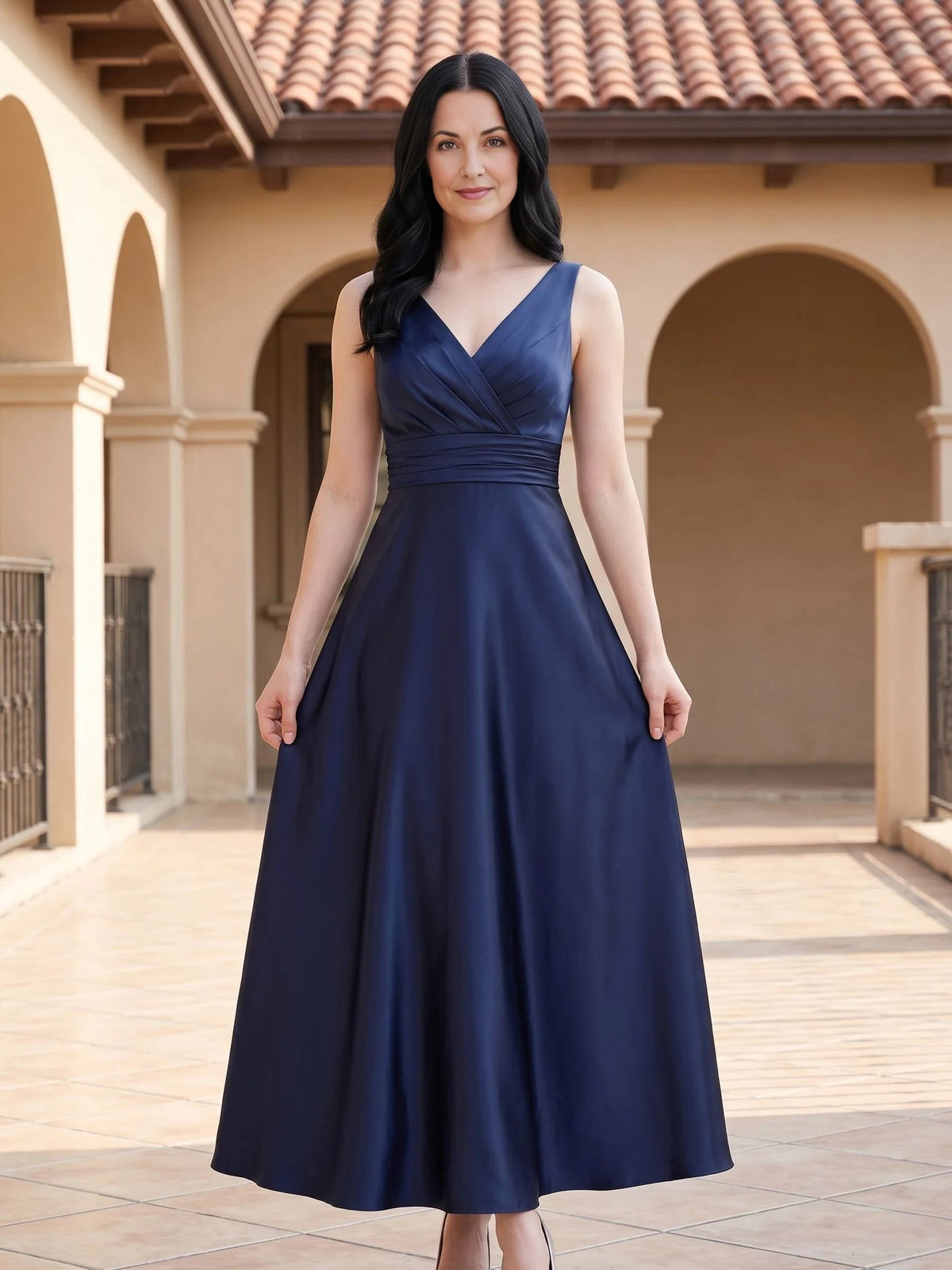 Dark blue satin sleeveless V-neck ruched A-line floor-length dress