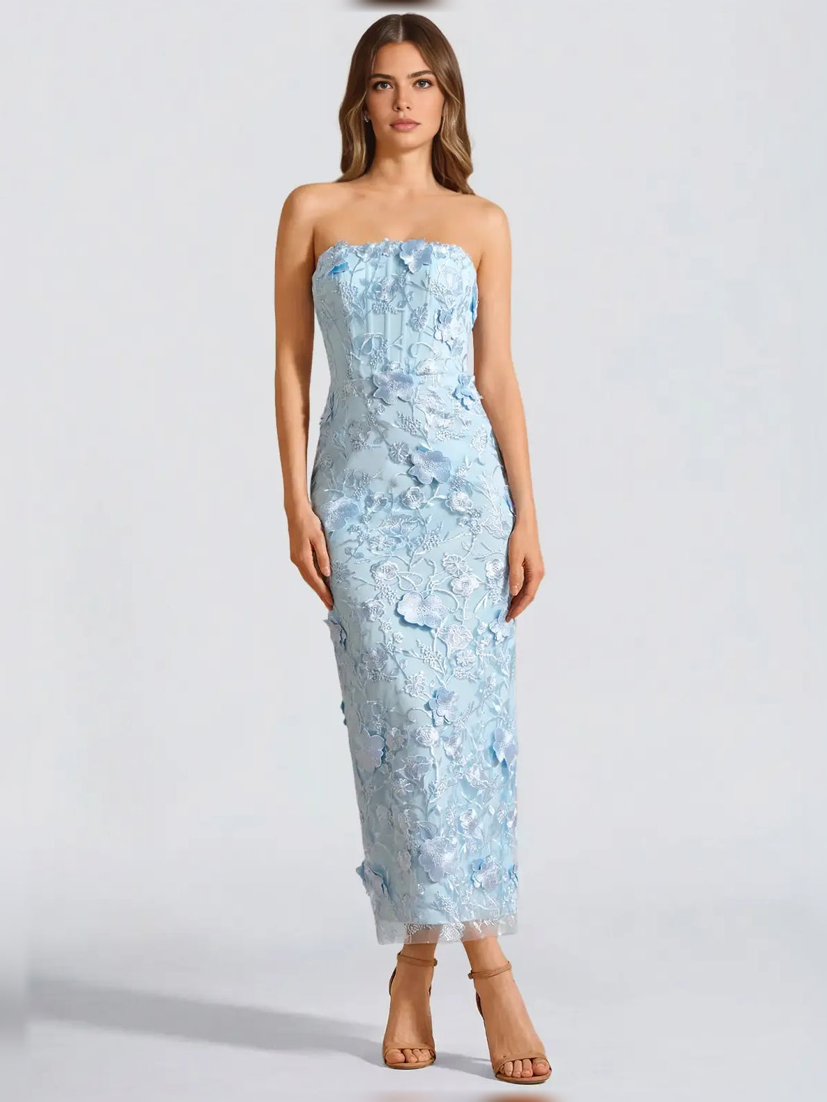 Sky blue floral strapless corset midi formal dress with structured bodice
