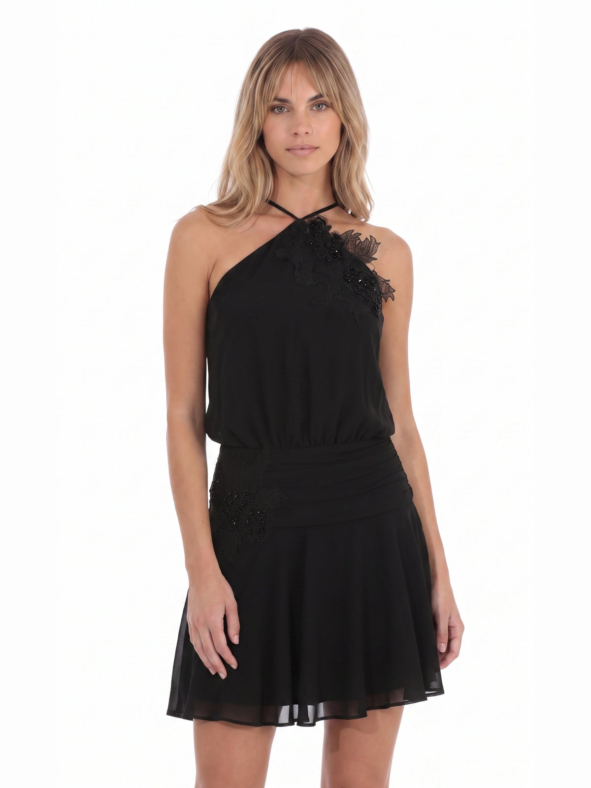 Black homecoming dress with a-line silhouette and mini length