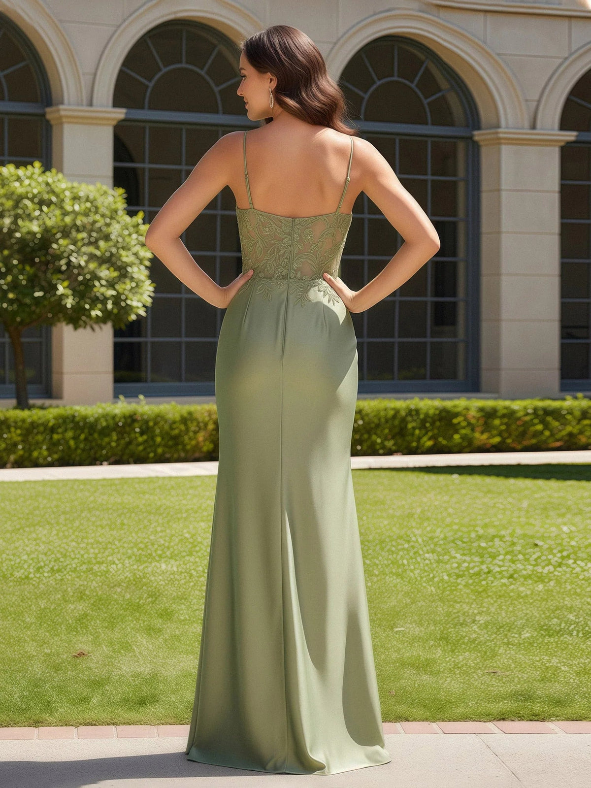 Dusty sage sequin floral mermaid gown, open-back with straight straps and floor length