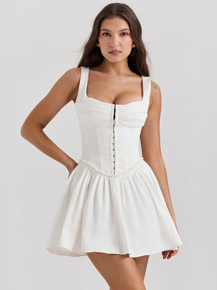 Pleated mini dress with square neckline and corset-style bodice in white