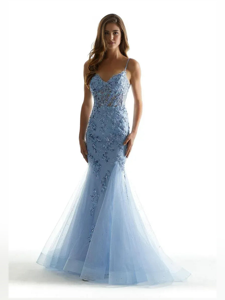 Light blue corset V-neck mermaid tulle prom dress with floor-length skirt