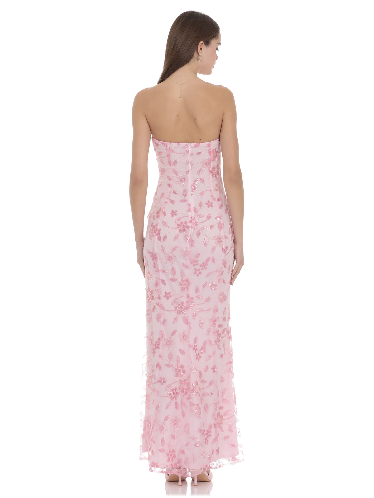 Pink bridesmaid dress with a-line silhouette and maxi length