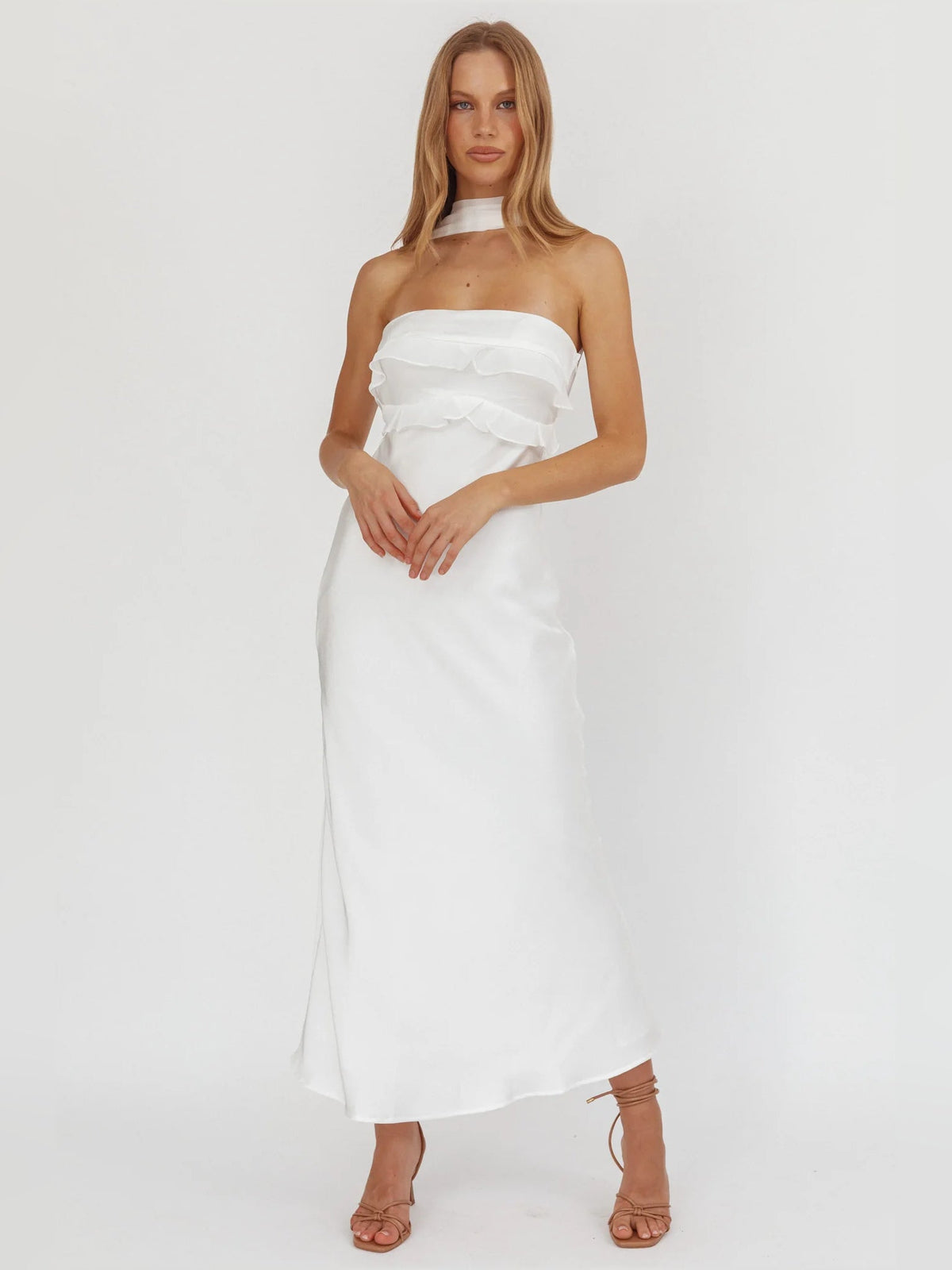 White sheath midi formal dress with halter neckline, full-length front view
